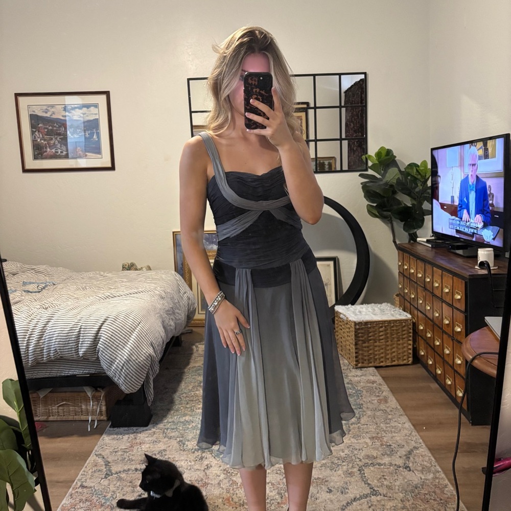 Vintage 100% silk drop waist flowy dress, grey blue silver, midi knee length